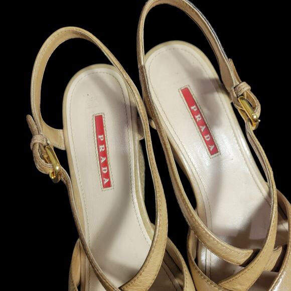 Prada Platform Sandals Tan Leather Chunky Cork Espadrille Wedge Heel Open 39.5 - Picture 7 of 15
